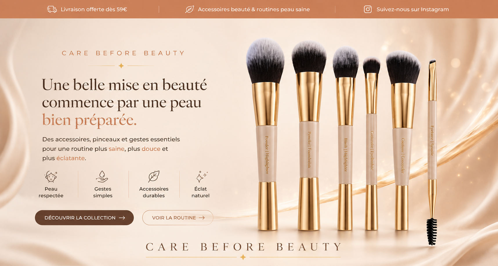 Bannière Care Before Beauty — pinceaux signature